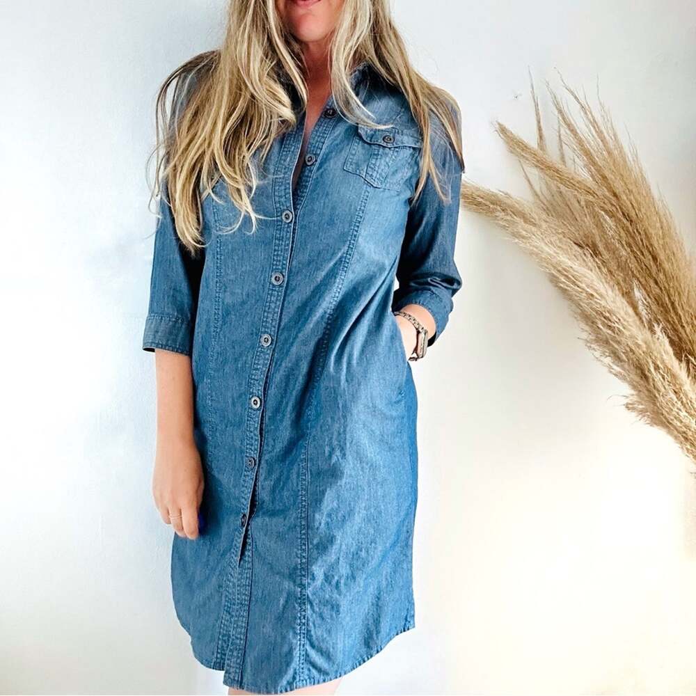 CHICOS Blue Denim Button Front 3/4 Sleeve Mini Shirt Dress Tunic Pockets 0 S 4